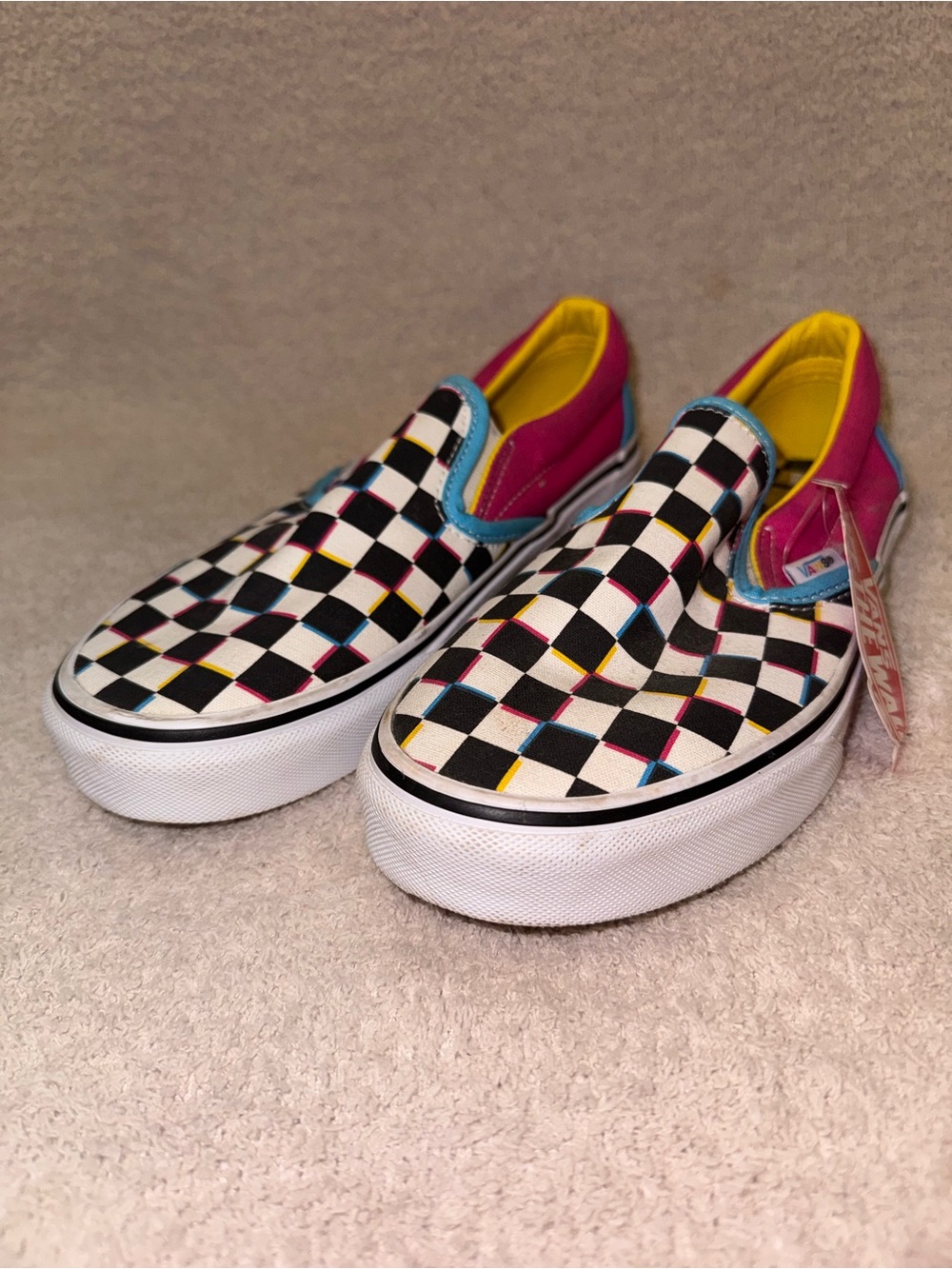 Vans Slip-On Checkerboard Sneakers in Black, White, Pink & Yellow